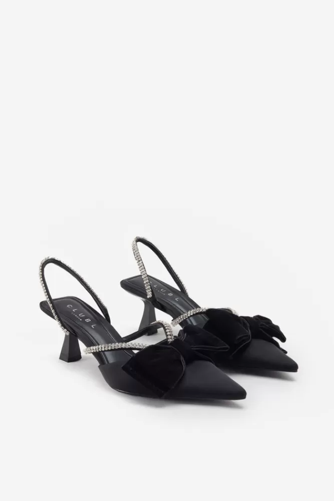 Club L London Pretty u0026 Poised | Black Diamante Strap Sling Back Kitten Heels With Bows BLACKSATIN New