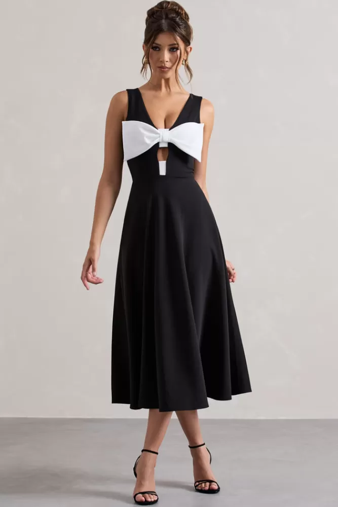 Club L London Primrose | Black Plunge-Neck Midi Dress With White Bow BLACKANDWHITE Shop