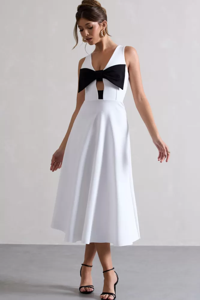 Club L London Primrose | White Plunge-Neck Midi Dress With Black Bow MONOCHROME Cheap