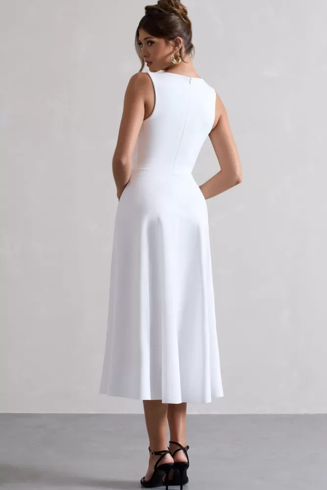 Club L London Primrose | White Plunge-Neck Midi Dress With Black Bow MONOCHROME Cheap