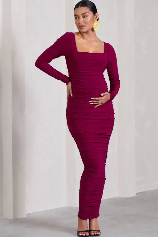 Club L London Prissie | Berry Ruched Square-Neck Long-Sleeve Maternity Maxi Dress DARKCHERRY Fashion