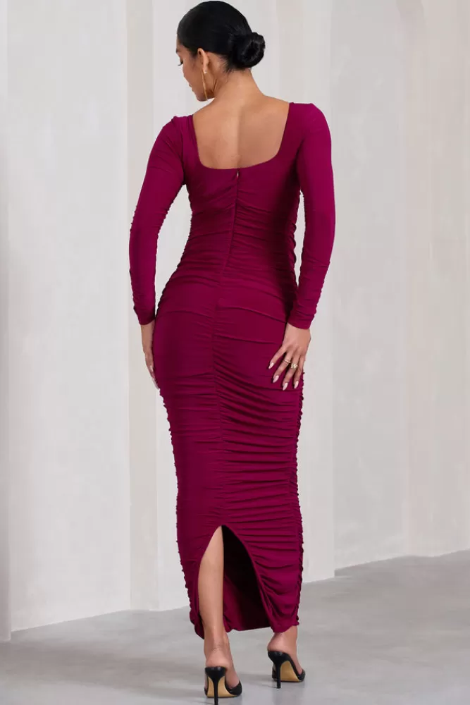 Club L London Prissie | Berry Ruched Square-Neck Long-Sleeve Maternity Maxi Dress DARKCHERRY Fashion