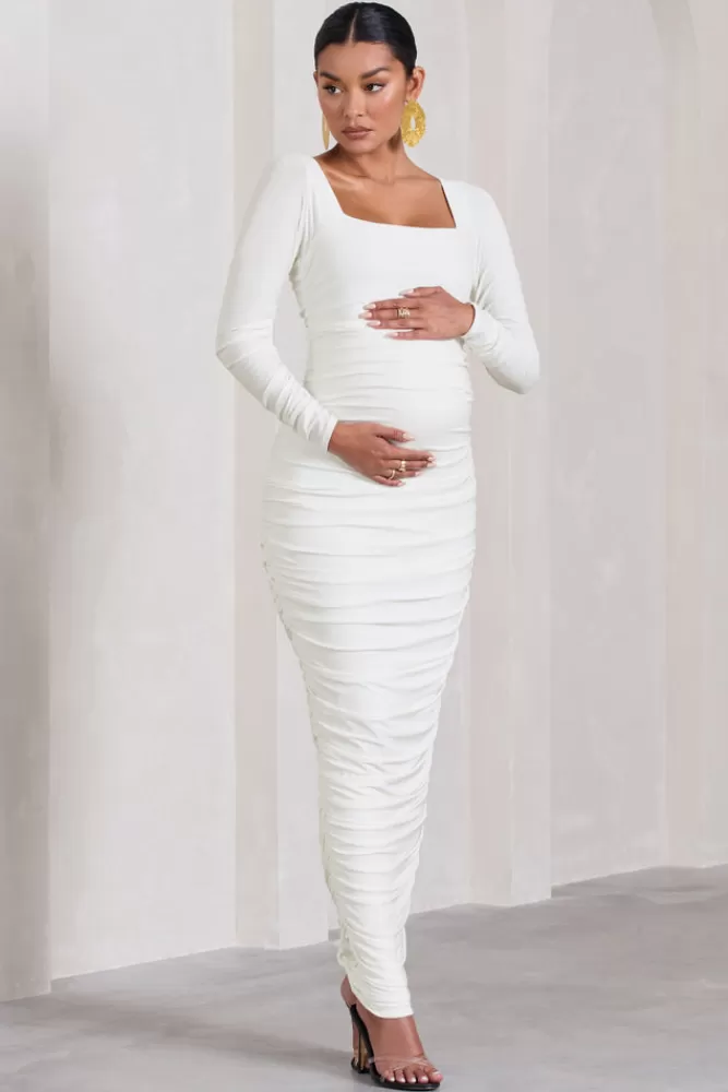 Club L London Prissie | Ruched Square-Neck Long-Sleeve Maternity Maxi Dress WHITE Flash Sale