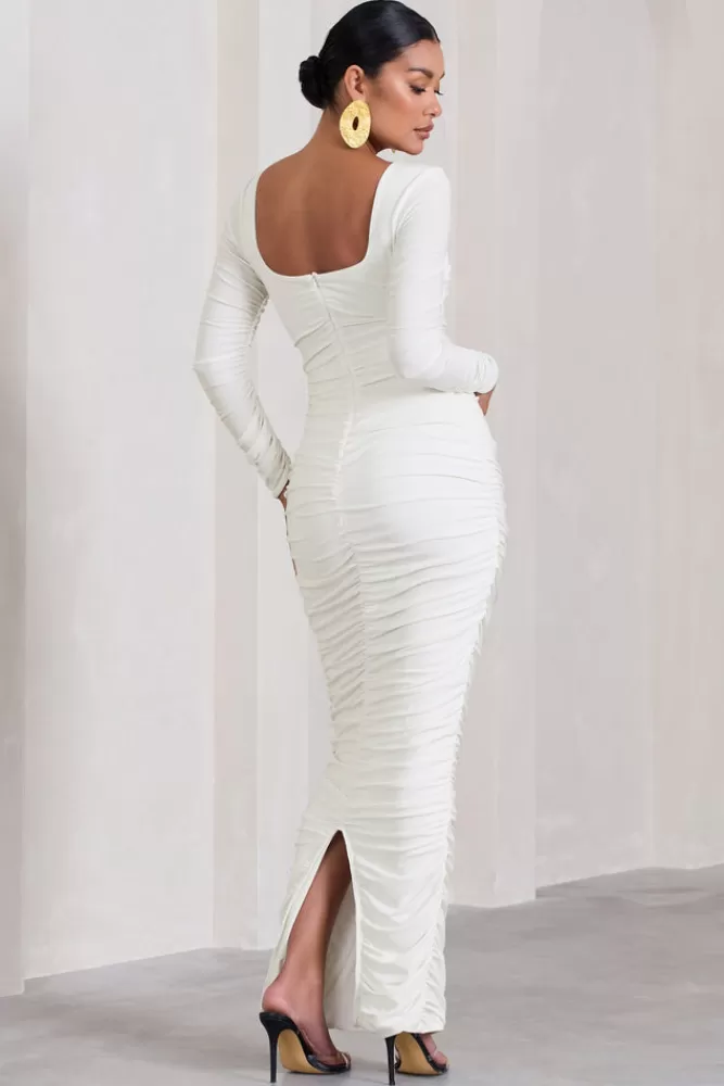 Club L London Prissie | Ruched Square-Neck Long-Sleeve Maternity Maxi Dress WHITE Flash Sale