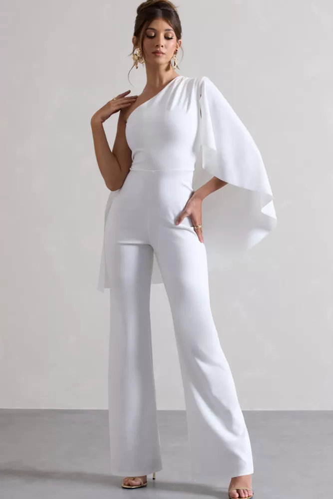 Club L London Pristine | One Shoulder Cape Sleeve Flared-Leg Jumpsuit WHITE Cheap