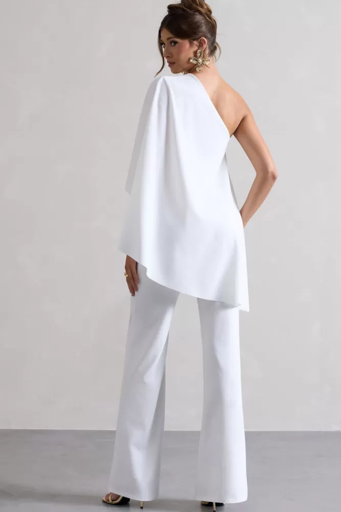 Club L London Pristine | One Shoulder Cape Sleeve Flared-Leg Jumpsuit WHITE Cheap