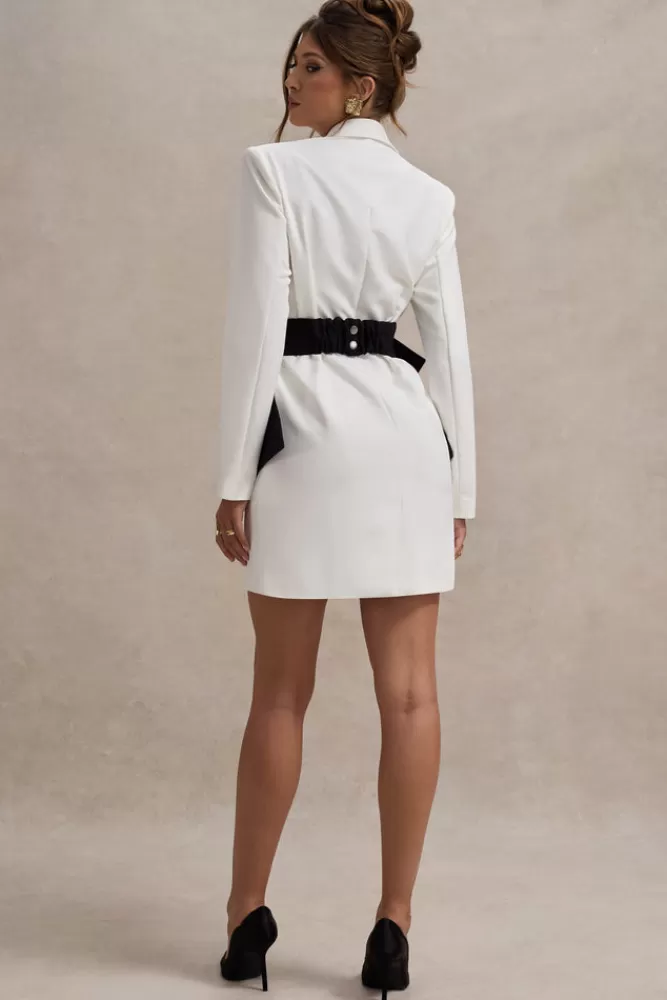 Club L London Prized | White Tailored Blazer Dress With Black Bow BLACKANDWHITE Cheap