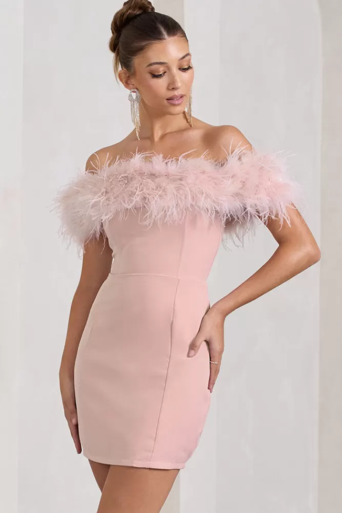 Club L London Pure Delight | Pink Bardot Feather Mini Dress Nude Discount