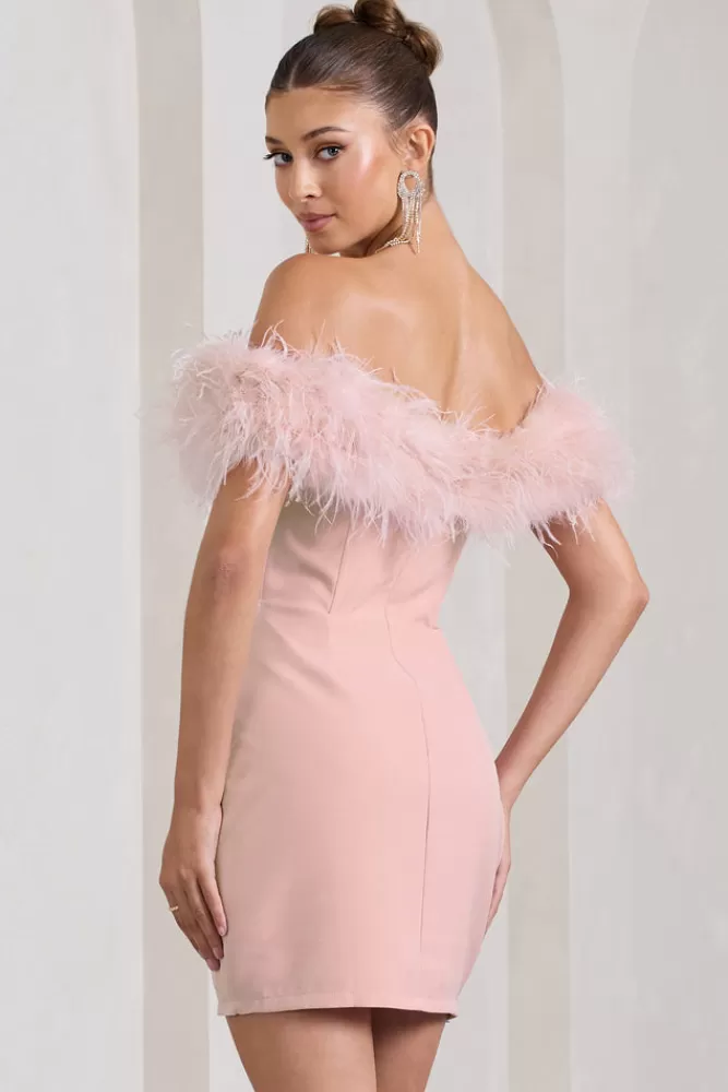 Club L London Pure Delight | Pink Bardot Feather Mini Dress Nude Discount