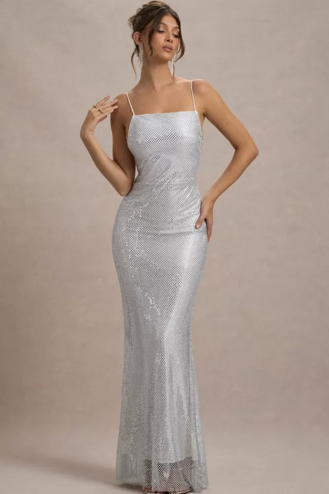 Club L London Quartz | Embellished Square-Neck Open-Back Maxi Dress SILVER Hot