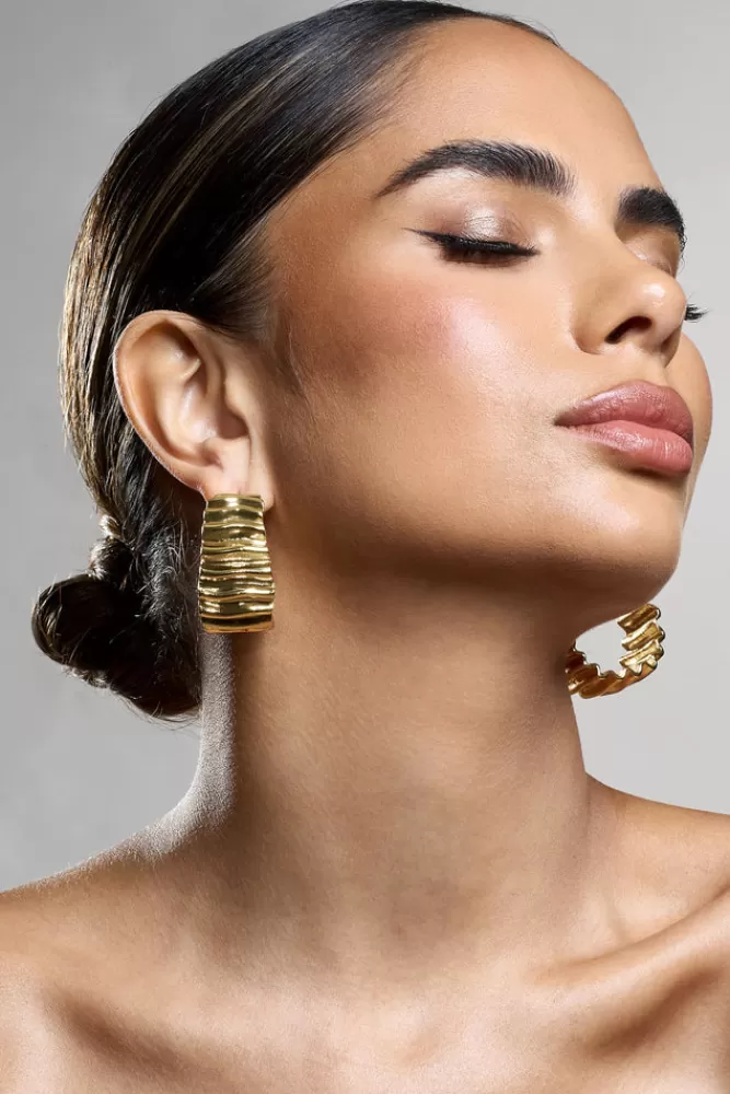 Club L London Quinlan | Textured Chunky Hoop Earrings GOLD Flash Sale