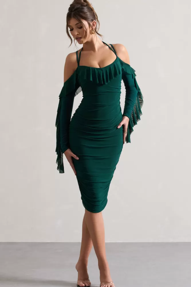 Club L London Quinn | Bottle Green Ruched Strappy Long-Sleeved Midi Dress With Ruffles BOTTLEGREEN Cheap