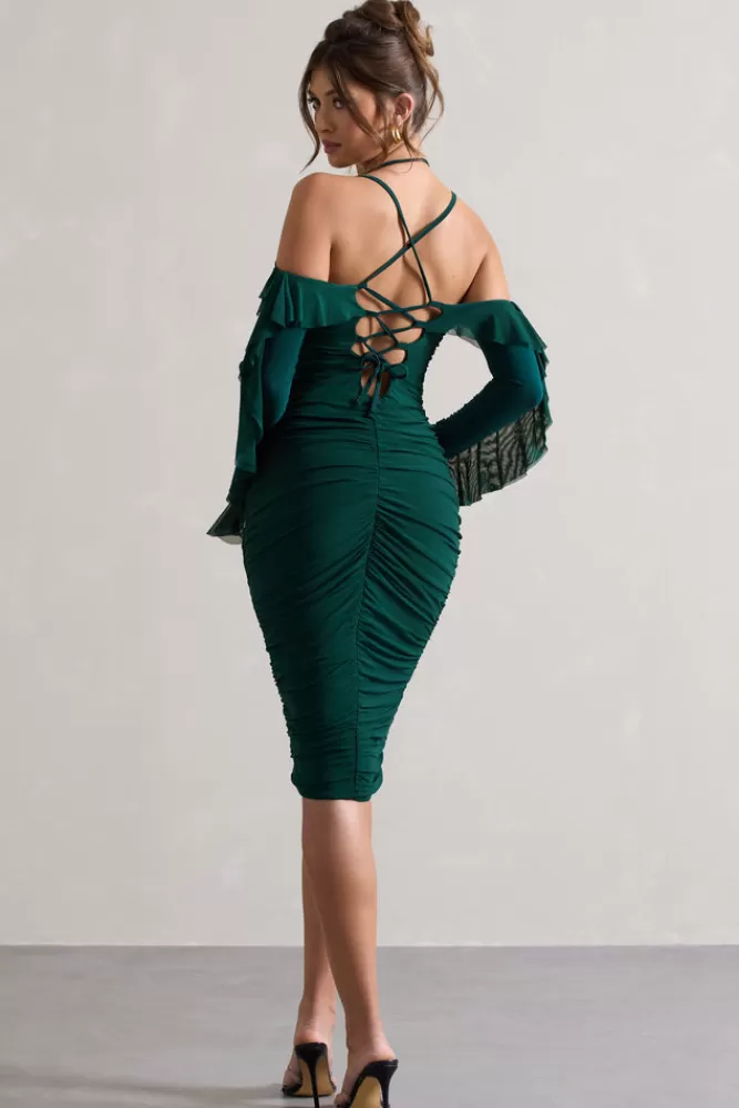 Club L London Quinn | Bottle Green Ruched Strappy Long-Sleeved Midi Dress With Ruffles BOTTLEGREEN Cheap