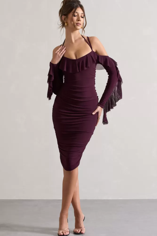 Club L London Quinn | Dark Cherry Ruched Strappy Long-Sleeved Midi Dress With Ruffles DARKCHERRY Online