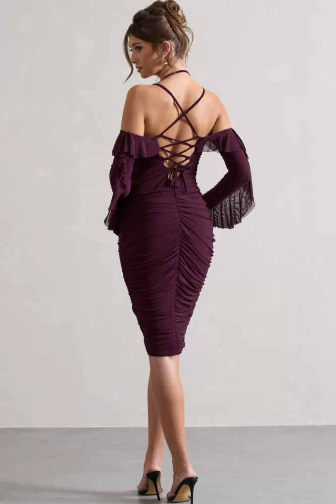 Club L London Quinn | Dark Cherry Ruched Strappy Long-Sleeved Midi Dress With Ruffles DARKCHERRY Online