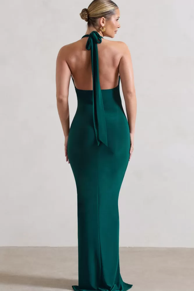 Club L London Rachel | Bottle Green Ruched Halter-Neck Split Maxi Dress BOTTLEGREEN Cheap