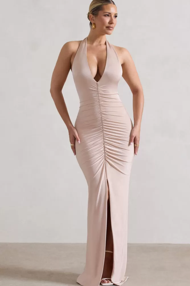 Club L London Rachel | Ruched Halter-Neck Split Maxi Dress CHAMPAGNE Fashion