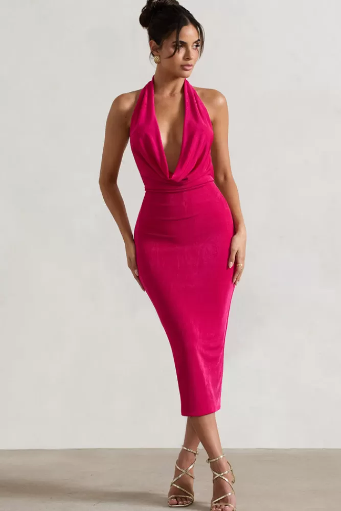 Club L London Raleigh | Hot Pink Cowl-Neck Midi Dress HOTPINK Discount