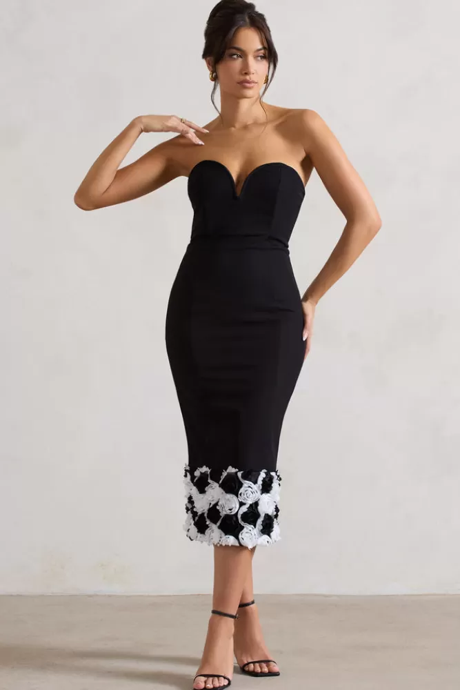 Club L London Ramona | Bodycon Sweetheart Midi Dress With Floral Trim BLACK New