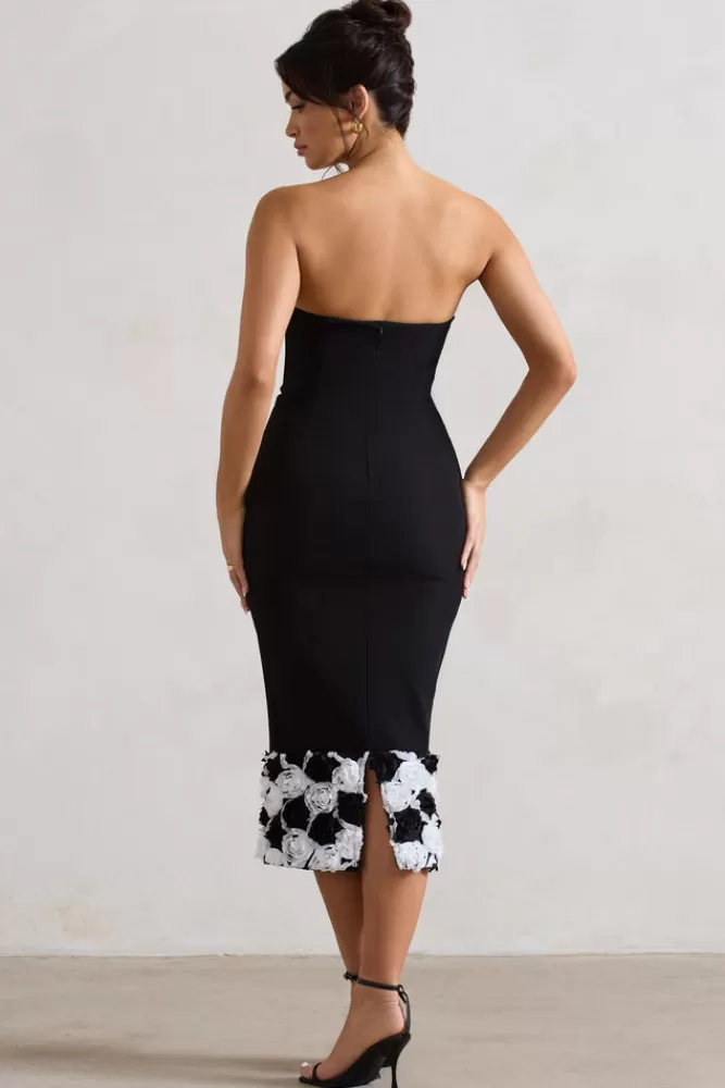 Club L London Ramona | Bodycon Sweetheart Midi Dress With Floral Trim BLACK New