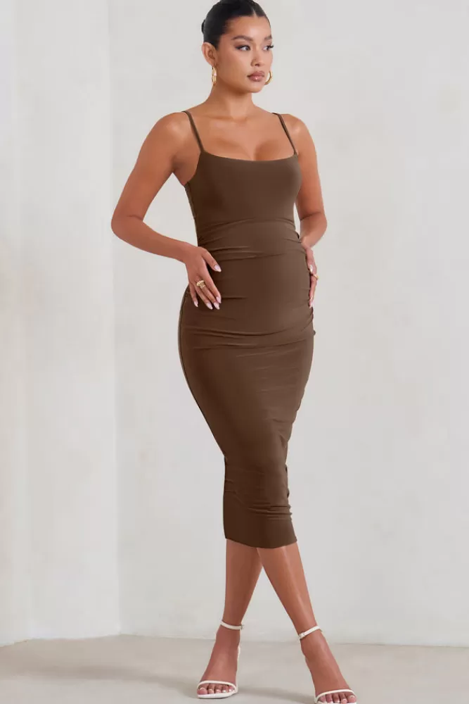 Club L London Raquel | Brown Maternity Cami Midi Dress With Split CHOCOLATE Best Sale