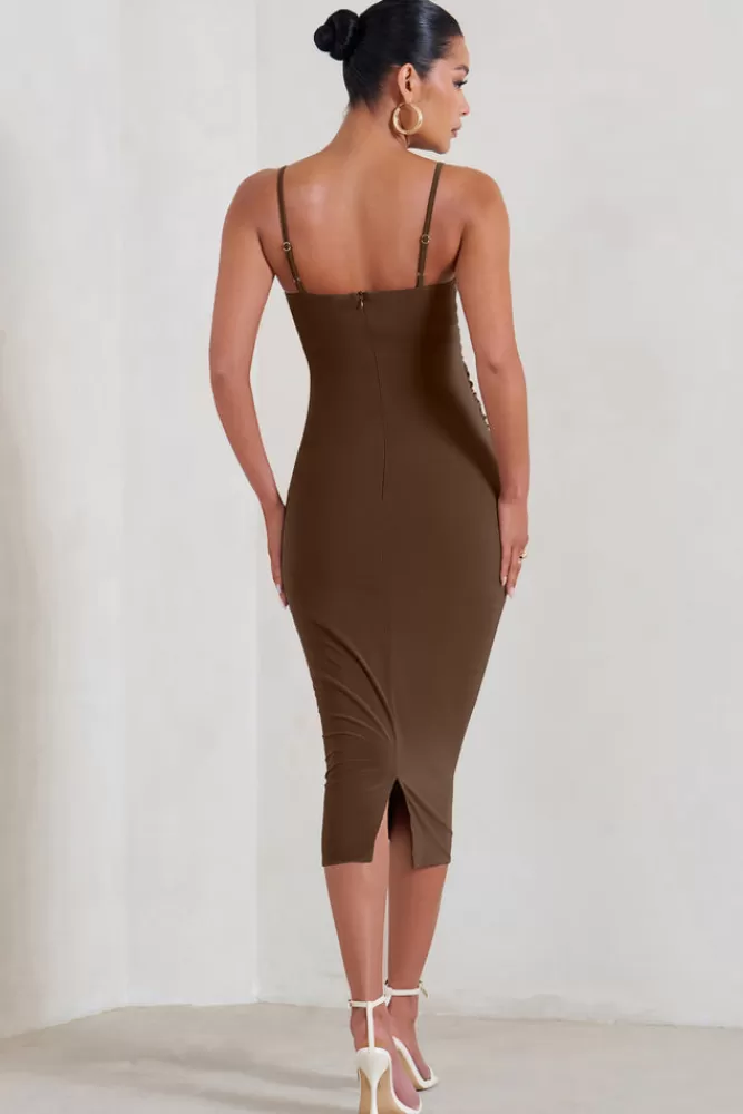 Club L London Raquel | Brown Maternity Cami Midi Dress With Split CHOCOLATE Best Sale