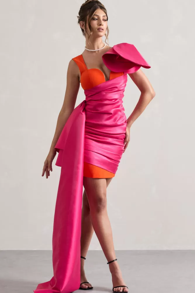 Club L London Rare | Pink u0026 Orange Satin Wrap Mini Dress Peplum Drape HOTPINK&ORANGE Best