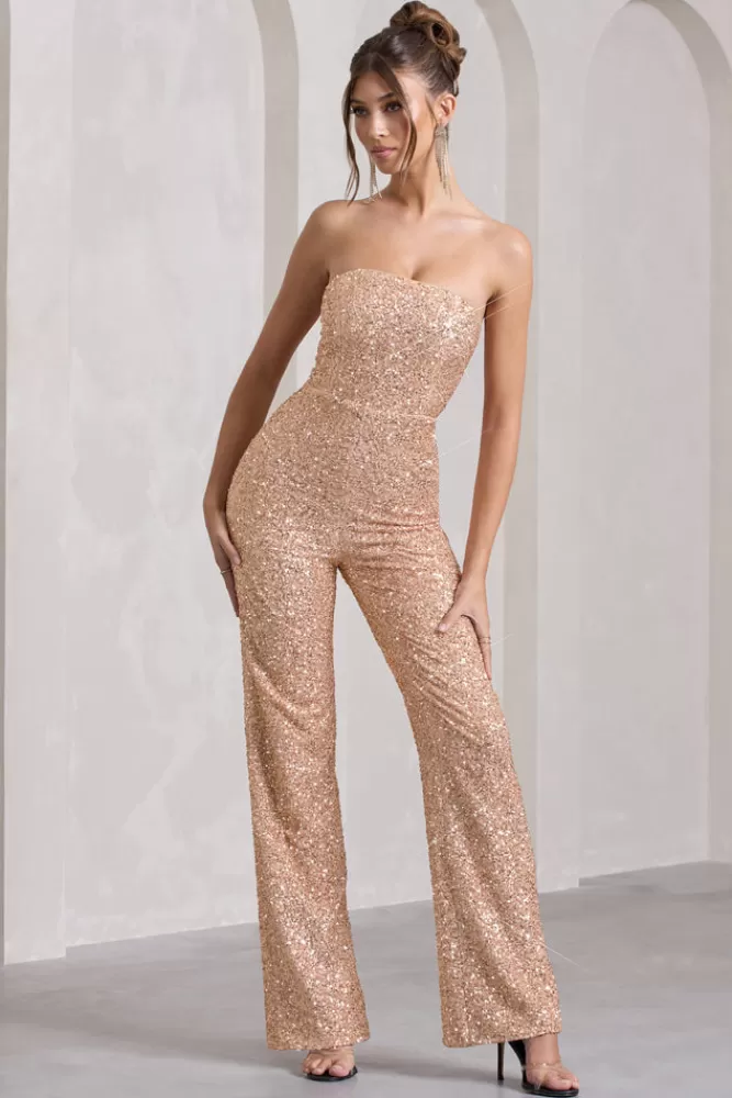 Club L London Ray | Rose Gold Sequin Bandeau Wide-Leg Jumpsuit ROSEGOLD Fashion