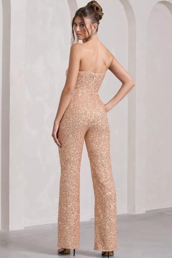 Club L London Ray | Rose Gold Sequin Bandeau Wide-Leg Jumpsuit ROSEGOLD Fashion