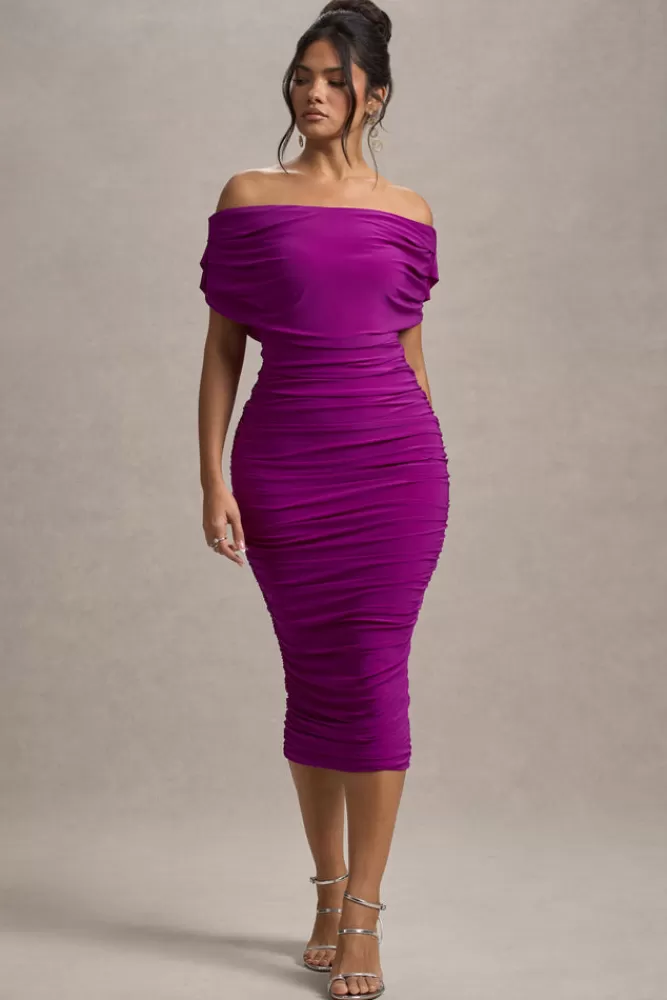 Club L London Rayleigh | Dark Pink Bardot Ruched Midi Dress FUCHSIA Clearance