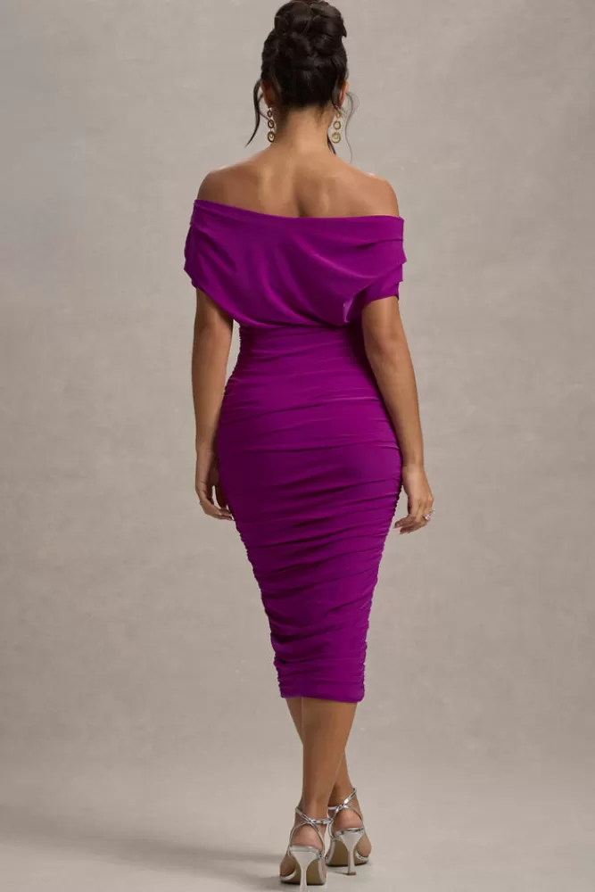 Club L London Rayleigh | Dark Pink Bardot Ruched Midi Dress FUCHSIA Clearance