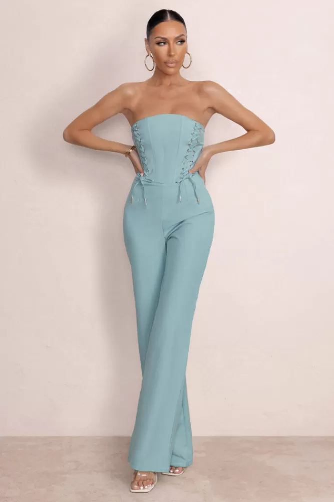 Club L London Reborn | Duck Egg Blue Bandeau Jumpsuit With Lace Up Detail DuckEggBlue Hot