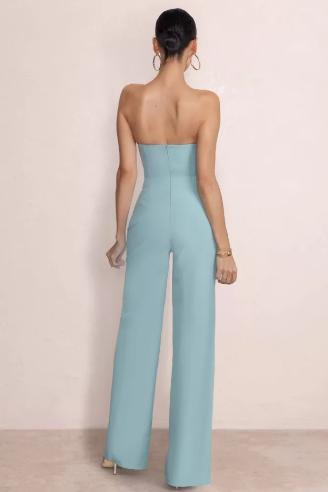 Club L London Reborn | Duck Egg Blue Bandeau Jumpsuit With Lace Up Detail DuckEggBlue Hot
