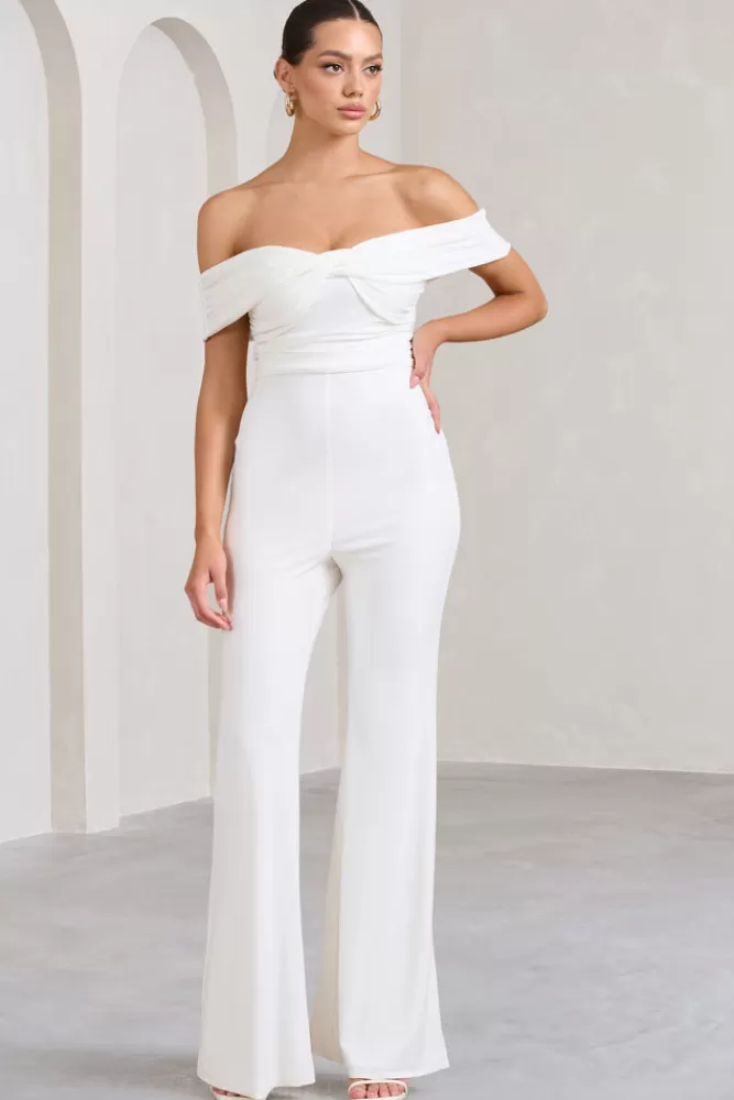 Club L London Recognition | Off The Shoulder Ruched Jumpsuit WHITE Clearance