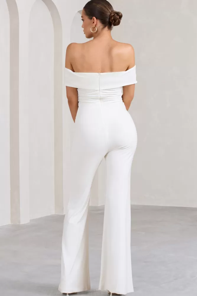 Club L London Recognition | Off The Shoulder Ruched Jumpsuit WHITE Clearance