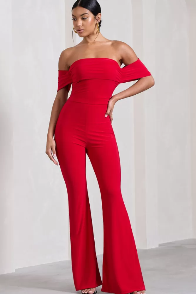 Club L London Carpet | Bardot Ruched Draped Jumpsuit Red Discount