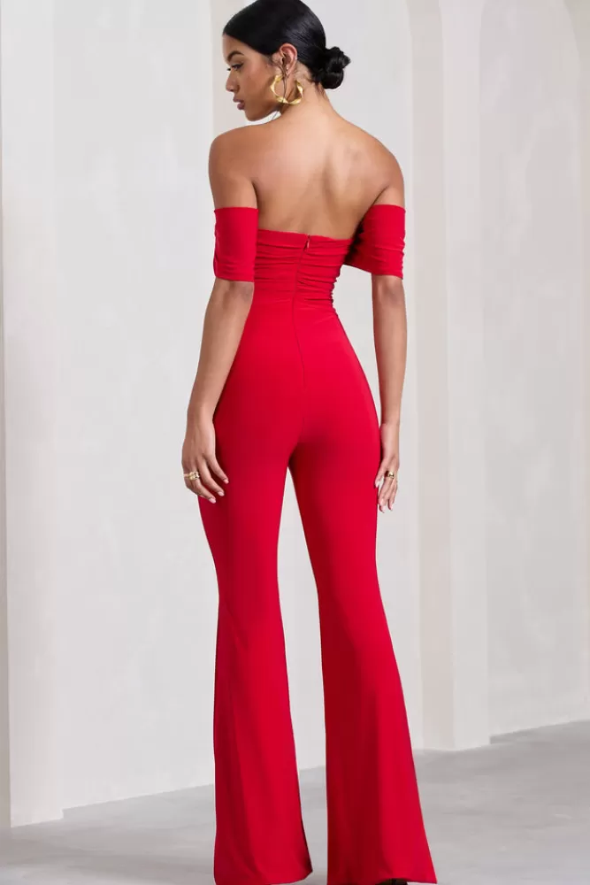 Club L London Carpet | Bardot Ruched Draped Jumpsuit Red Discount