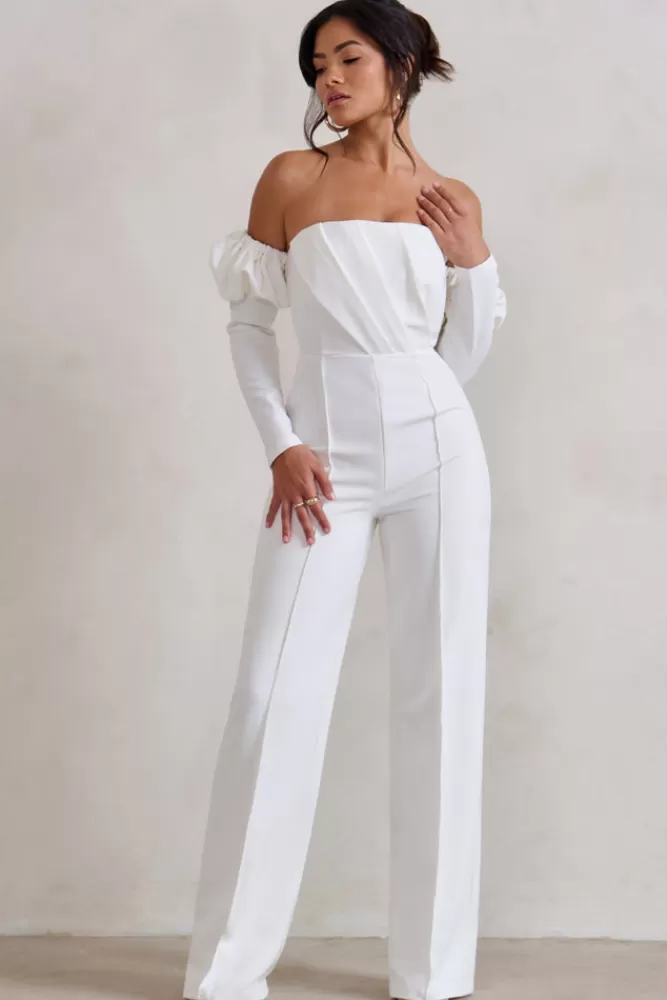 Club L London Reema | Bardot Puff Long Sleeve Jumpsuit WHITE Online