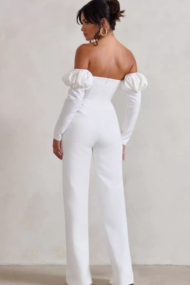 Club L London Reema | Bardot Puff Long Sleeve Jumpsuit WHITE Online