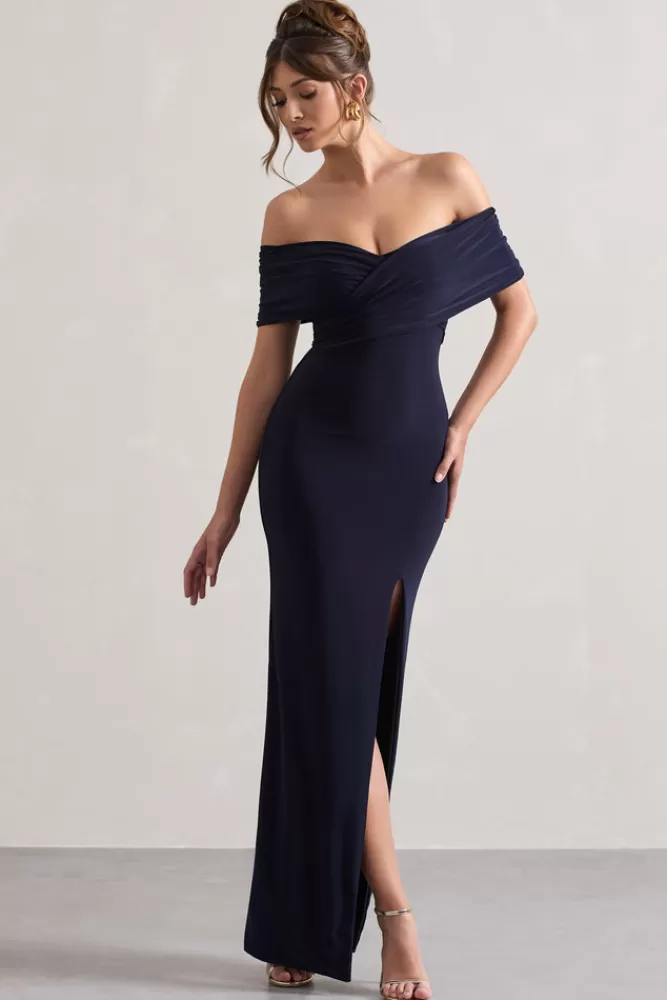 Club L London Refined | Twist Front Bardot Maxi Dress NAVY Hot