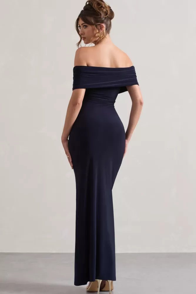 Club L London Refined | Twist Front Bardot Maxi Dress NAVY Hot