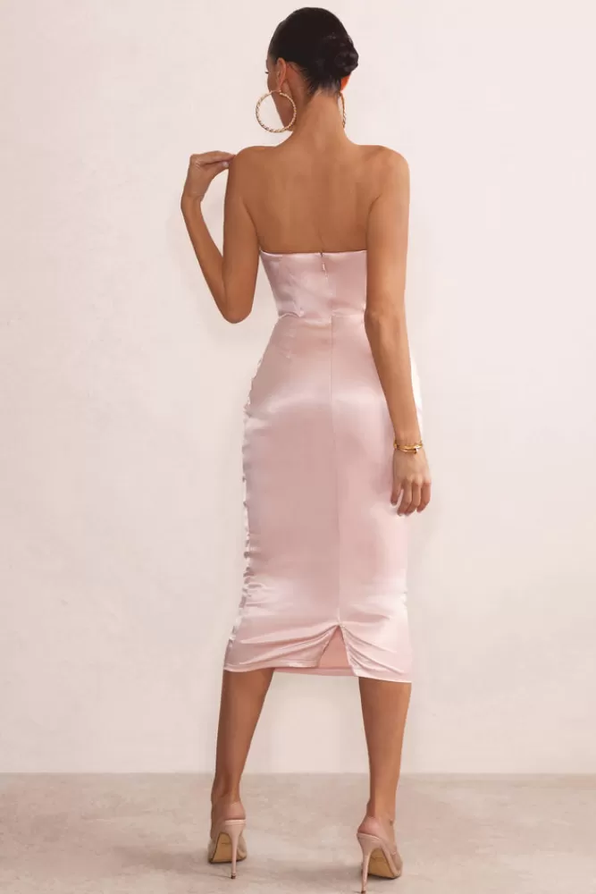Club L London Reigning Beauty | Bandeau Corset Style Ruched Midi Dress BLUSH Best Sale