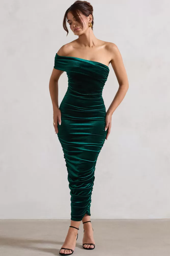 Club L London Remember Me | Bottle Green Velvet One Shoulder Midi Dress BOTTLEGREEN Clearance