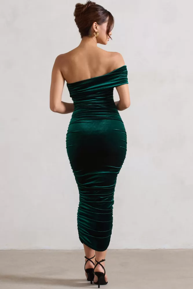 Club L London Remember Me | Bottle Green Velvet One Shoulder Midi Dress BOTTLEGREEN Clearance