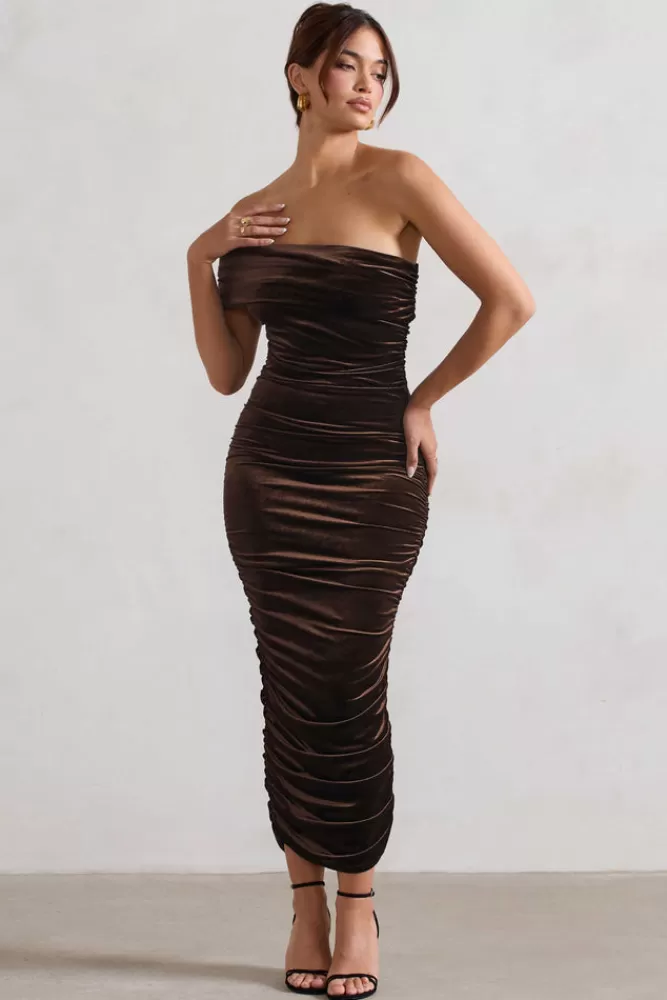 Club L London Remember Me | Chocolate Velvet One Shoulder Midi Dress DECADENTCHOCOLATE Flash Sale