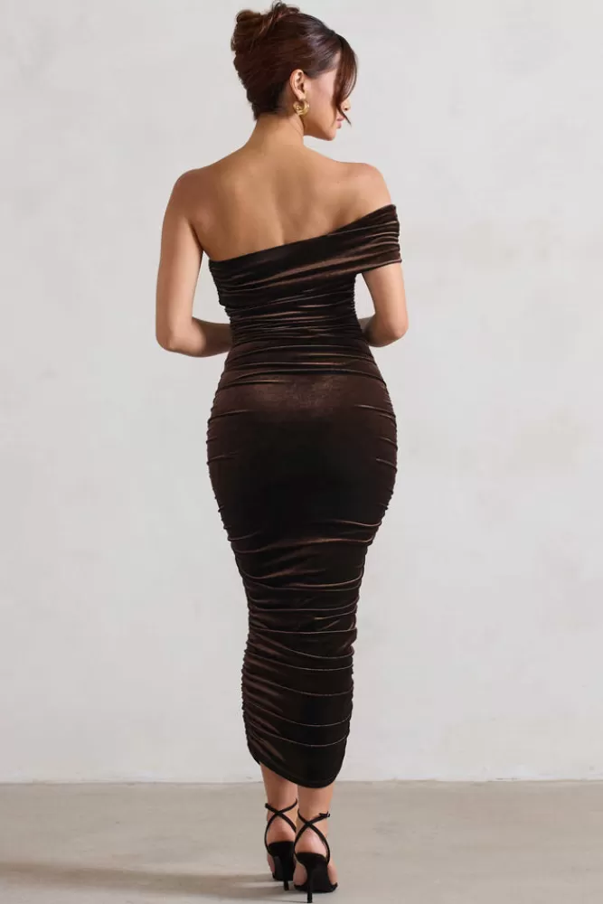 Club L London Remember Me | Chocolate Velvet One Shoulder Midi Dress DECADENTCHOCOLATE Flash Sale