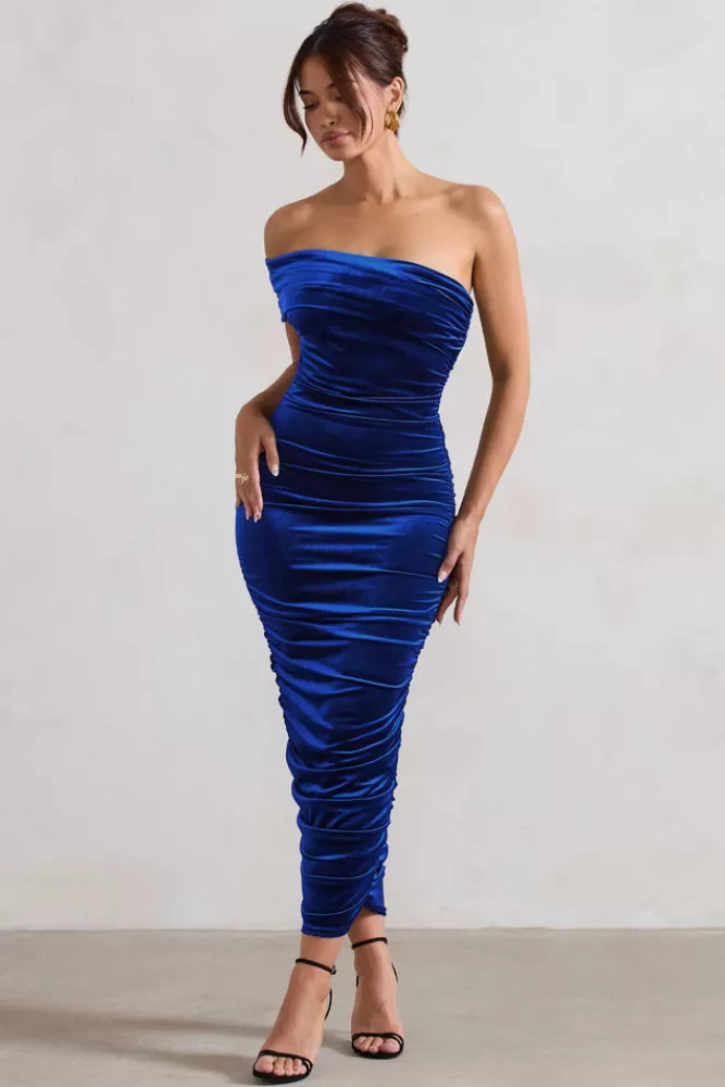 Club L London Remember Me | Blue Velvet One Shoulder Midi Dress COBALT Best Sale