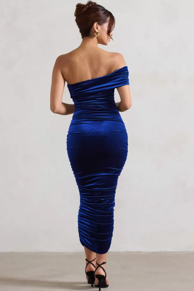 Club L London Remember Me | Blue Velvet One Shoulder Midi Dress COBALT Best Sale