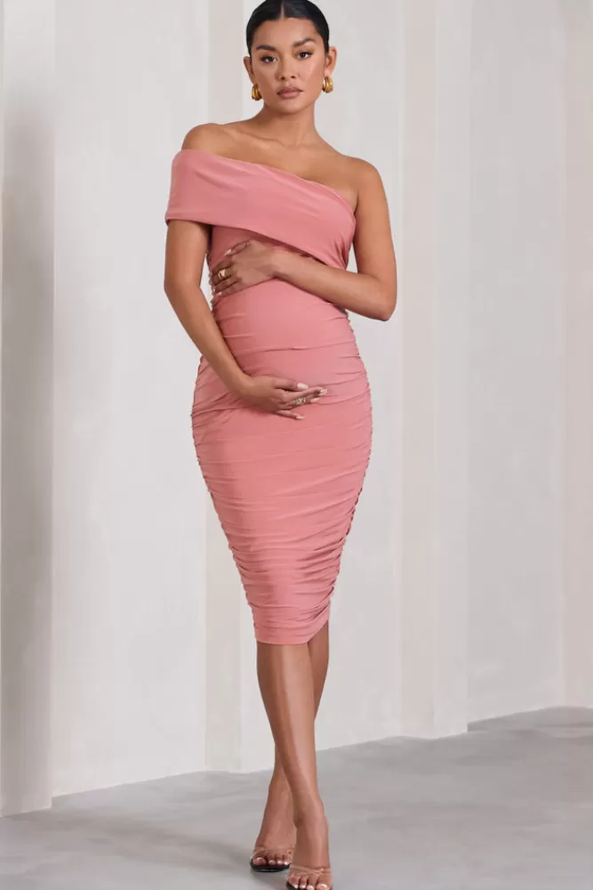 Club L London Remember Me | Maternity One Shoulder Midi Dress PINK Flash Sale