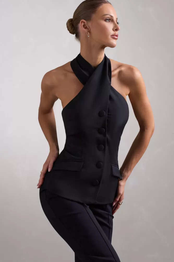 Club L London Remi | Cross Halter Neck Tailored Sleeveless Blazer Top BLACK Hot